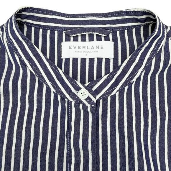EVERLANE Cotton Collarless Belted Shirt Dress Size Small Blue White - Picture 3 of 5